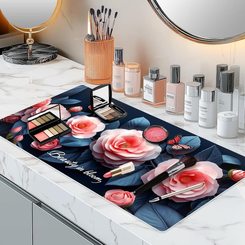 Aphlos Dual-Sided Synthetic Leather Decorative Makeup Mat for Crafting, Furniture Protection, Scratch & Stain Resistant Surface Desk Pad, Waterproof Easy to Clean Vanity Protector (Pink Camellia) - Image 1
